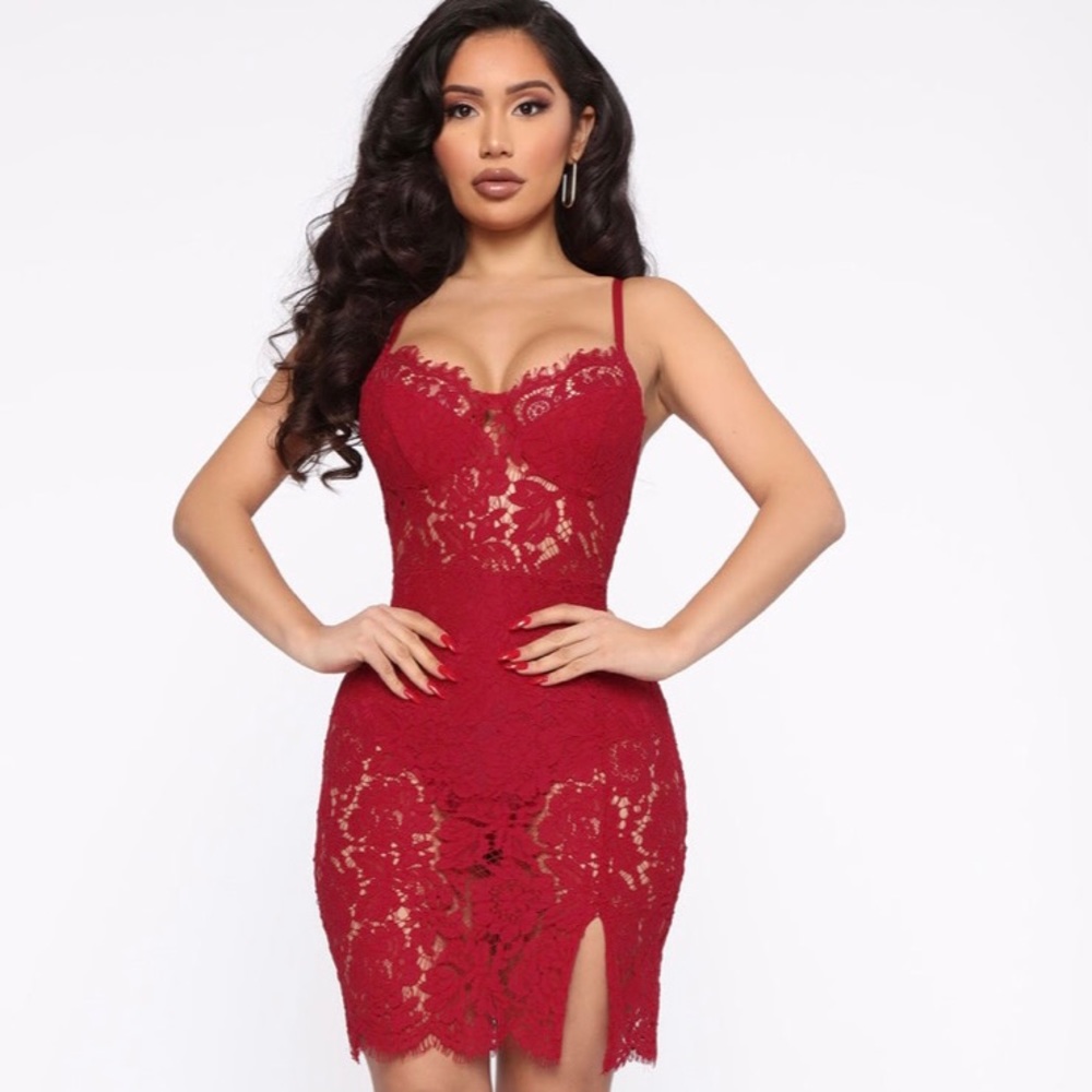Red Fashion Nova Dropping Hints Lace Dress, Size Small
